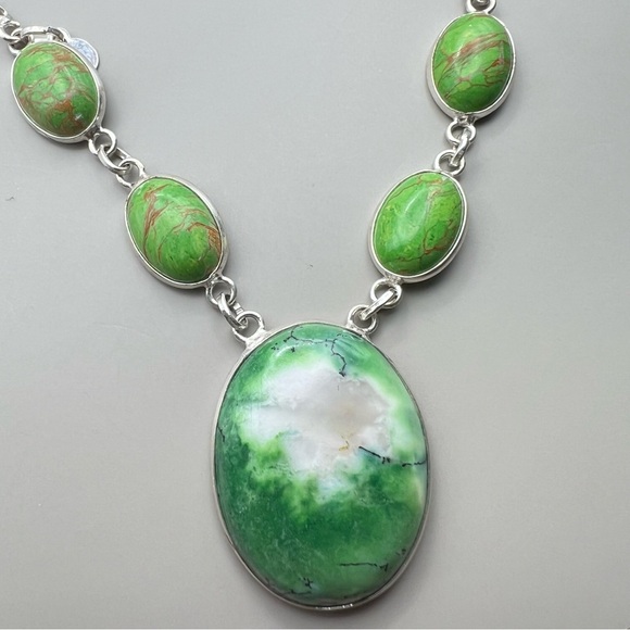 New Green Dendritic Opal Stone w Mosaic Jasper Silver Overlay Necklace 17” - Picture 4 of 13